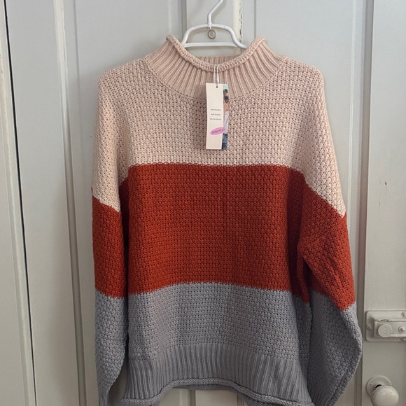 Dokotoo Sweaters - Elegant Colorblock Turtleneck Sweater - Pink, Orange, and Gray